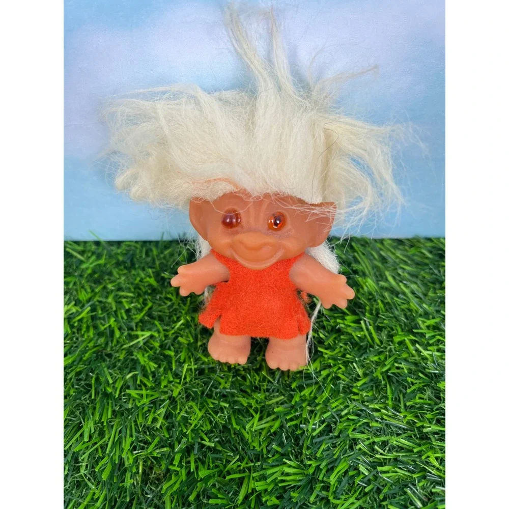 Vintage Thomas Dam Troll Doll White Hair Orange Eyes Red Outfit 3 Inch Toy